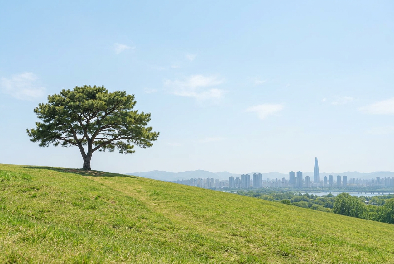 맑은 날 올림픽공원 언덕, 그 위에 홀로 서 있는 나무